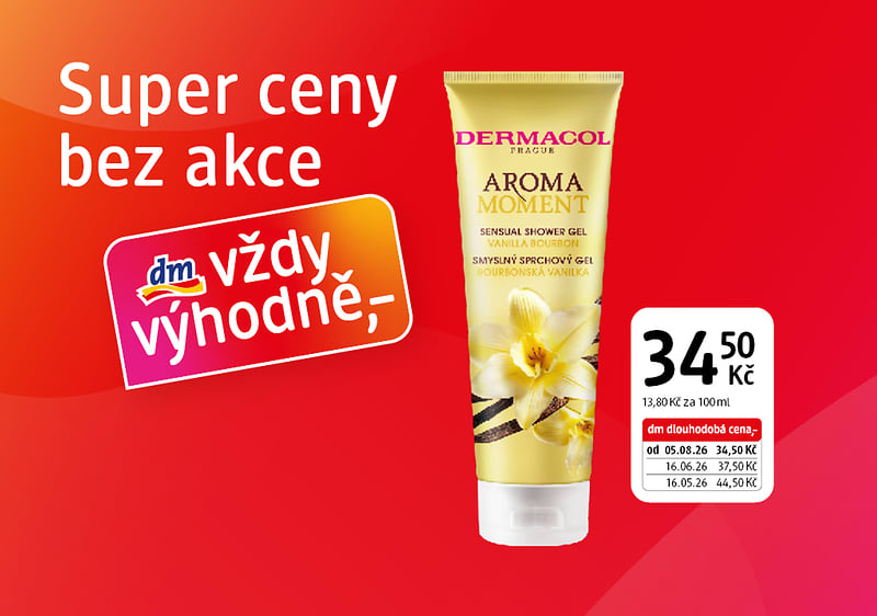 Obrázek: Tubička sprchového gelu Dermacol Aroma Moment na červeném pozadí s nápisy o výhodné ceně 34,50 Kč