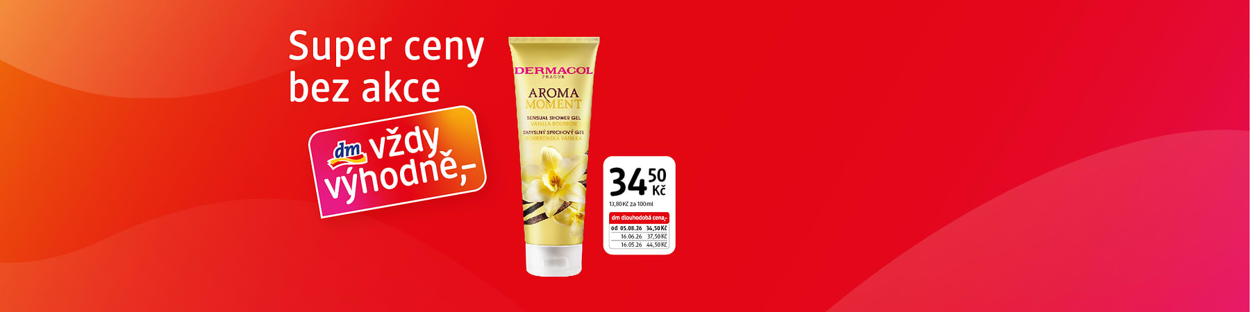 Obrázek: Tubička sprchového gelu Dermacol Aroma Moment na červeném pozadí s nápisy o výhodné ceně 34,50 Kč