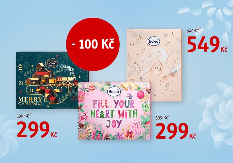 Reklama na adventní kalendáře Balea s cenami a slevou 100 Kč