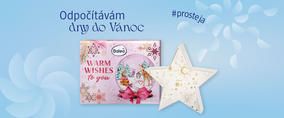 Světle modré pozadí s nápisem „Odpočítávám dny do Vánoc“ a hashtagem „#prosteja“, uprostřed růžovo-zlatý adventní kalendář značky Balea s výrazným nápisem „WARM WISHES to you“ a vedle něj bílá hvězdicová papírová adventní krabička s čísly dní