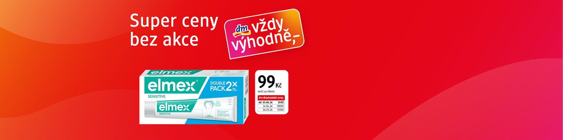 Krabička a tuby zubní pasty Elmex Sensitive s cenou 99 Kč na červeném pozadí
