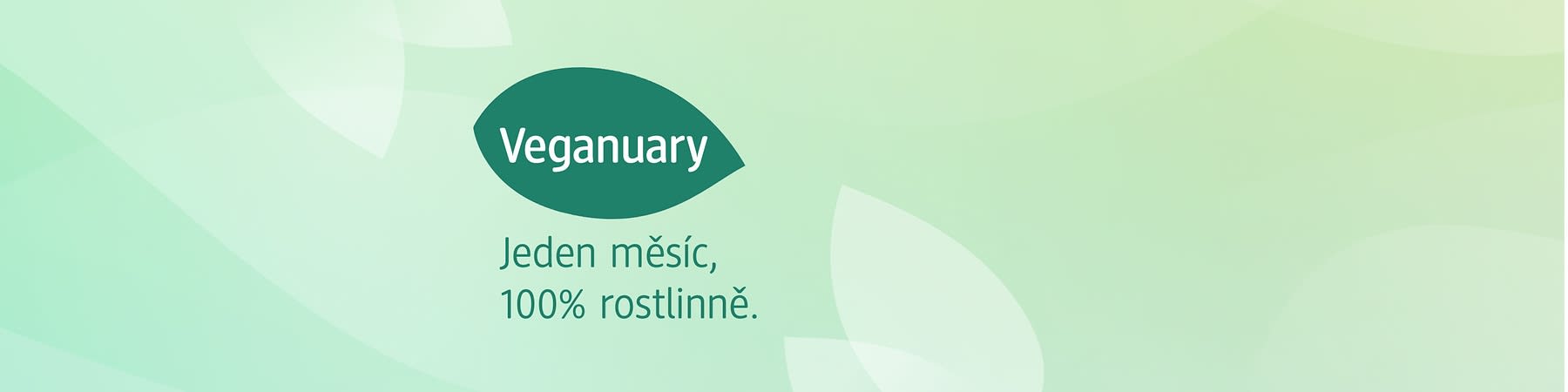 Veganuary logo na zeleném pozadí s textem Jeden měsíc, 100% rostlinně
