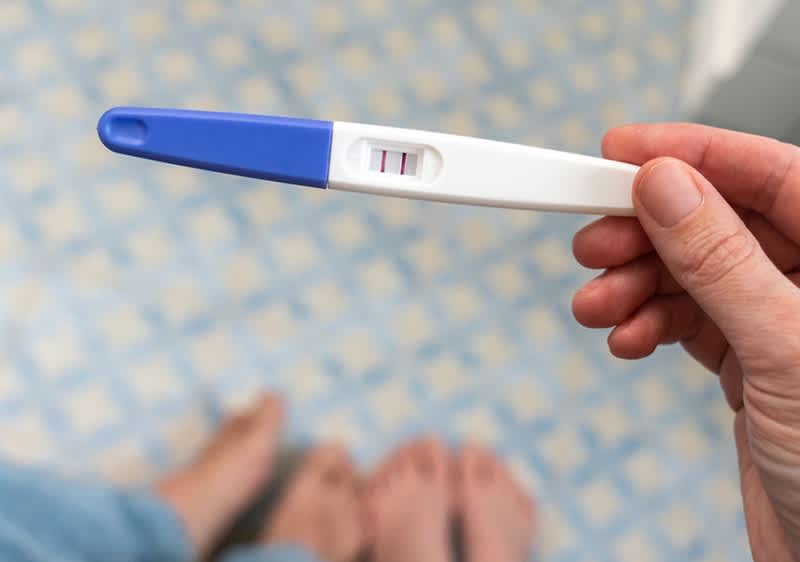 Těhotenský test s pozitivním výsledkem držený v ruce