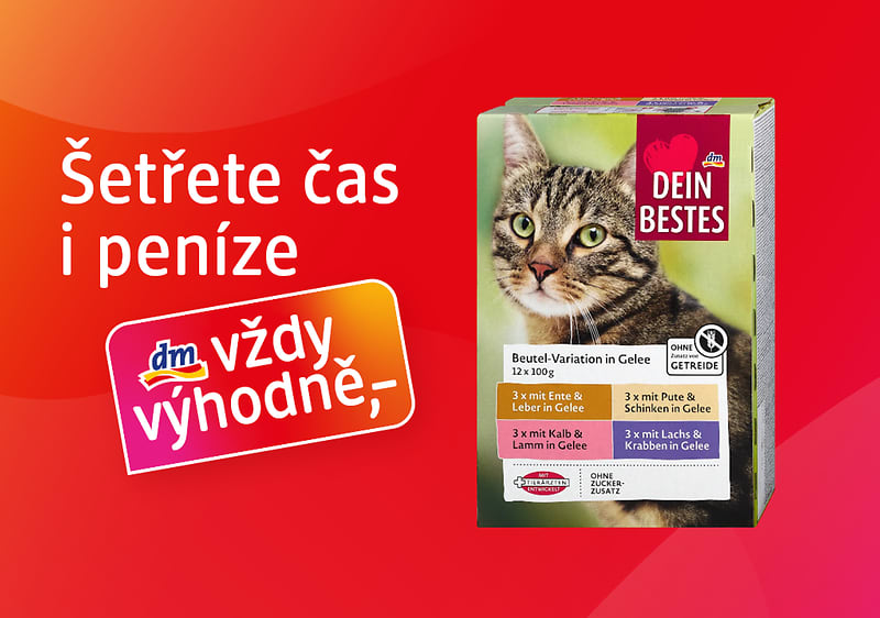 Obrázek: Krmivo pro kočky Dein Bestes s textem Šetřete čas i peníze a logem dm drogerie.