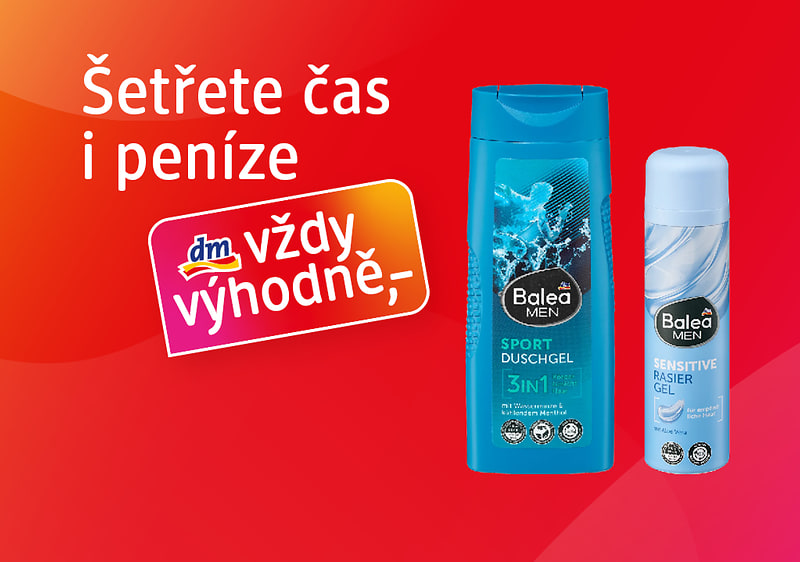 Reklama na sprchový gel a gel na holení značky Balea na červeném pozadí