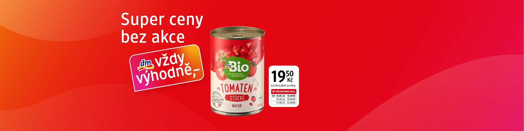 Konzerva nakrájených rajčat s nápisy dm Bio a Tomaten na červeném pozadí reklamy