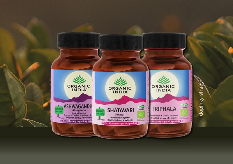 DOplňky stravy Organic India: Ashwagandha, Shatavari, Triphala