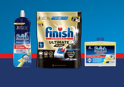 Tři produkty Finish na mytí nádobí: leštidlo, tablety a čistič myčky