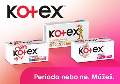 Tři balení tamponů Kotex na růžovém pozadí s textem Perioda nebo ne. Můžeš.