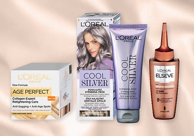 Kosmetické produkty L'Oreal: krém Age Perfect, šampon Cool Silver, kondicionér Cool Silver, olej Elseve