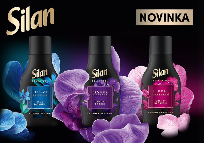 Tři lahve aviváže Silan s květinovými motivy: Blue Jasmine, Diamond Orchid, Cherry Blossom.