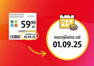 Cena 59,90 Kč nezvýšena od 01.09.25, kalendář a mince na červeném pozadí