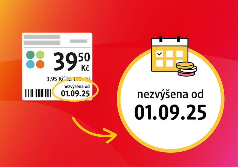Cena 59,90 Kč nezvýšena od 01.09.25, kalendář a mince na červeném pozadí