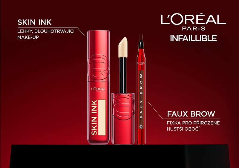Kosmetické produkty L'Oréal: make-up Skin Ink a fixa na obočí Faux Brow na červeném pozadí
