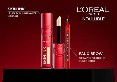 Kosmetické produkty L'Oréal: make-up Skin Ink a tužka na obočí Faux Brow na červeném pozadí
