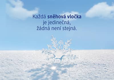 Sněhová vločka na sněhu s textem o jedinečnosti vloček na modré obloze