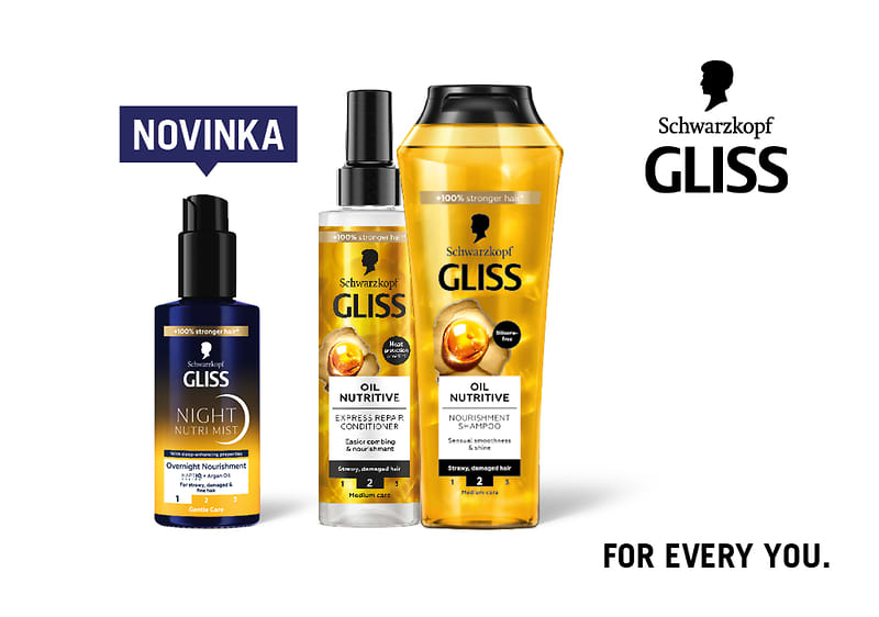 Produkty Schwarzkopf Gliss: noční sérum, kondicionér, šampon s nápisem Novinka a sloganem For Every You