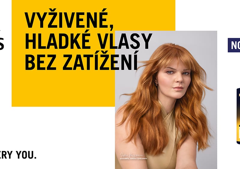 Žena s dlouhými zrzavými vlasy, text o vyživených vlasech, produktová krabička