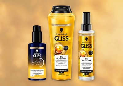 Tři produkty značky Schwarzkopf Gliss na zlatém pozadí