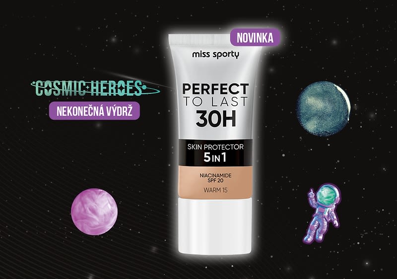 Kosmetický produkt Miss Sporty s vesmírnými motivy a texty o dlouhé výdrži