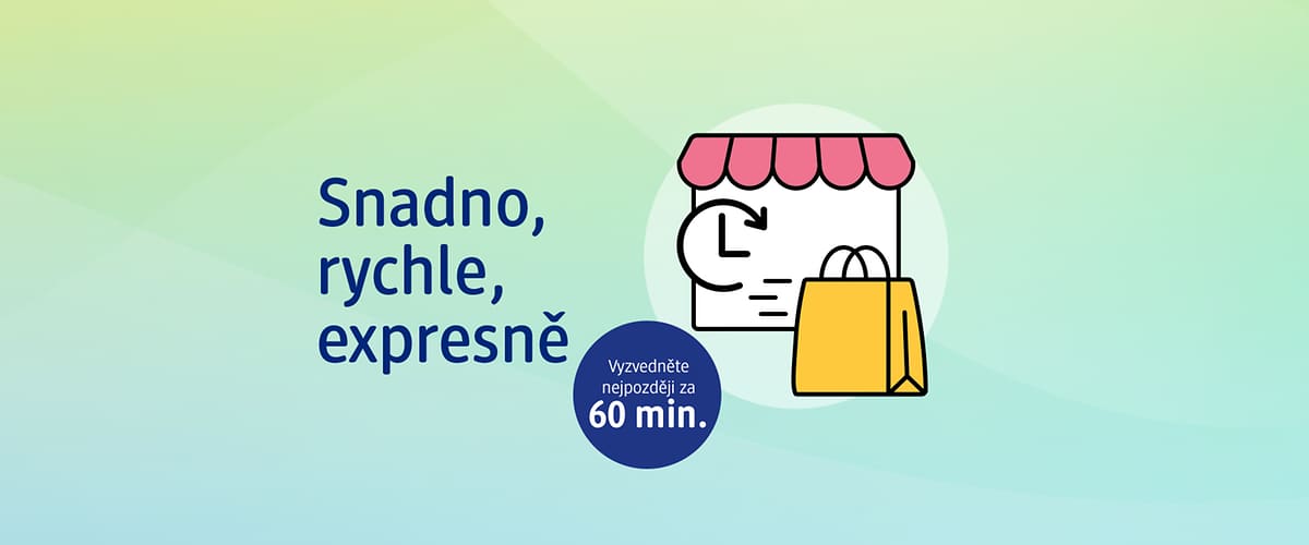 Snadno, rychle, expresně. Ikona obchodu s taškou a textem o vyzvednutí za 60 minut.