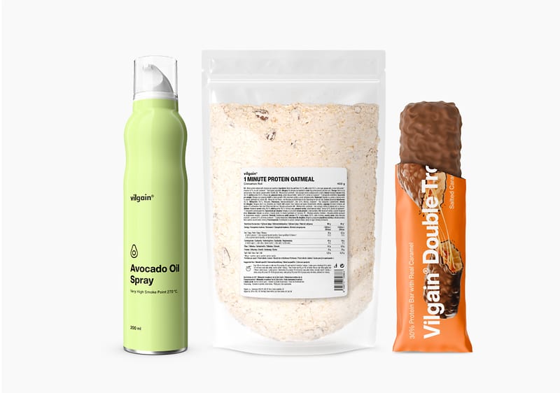 Avokádový olej ve spreji, proteinová ovesná směs, čokoládová tyčinka