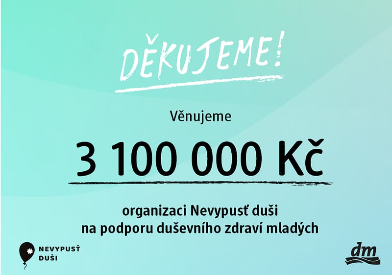 Poděkování za dar 3 100 000 Kč organizaci Nevypusť duši na podporu duševního zdraví mladých