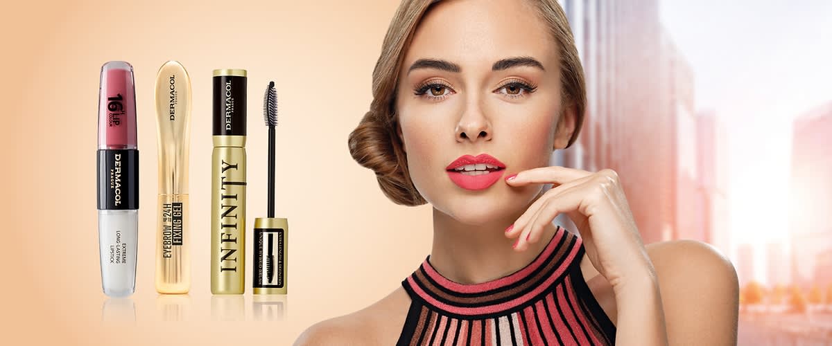 Kosmetické produkty: rtěnka, řasenka, tužka na oči, žena s účesem a šaty