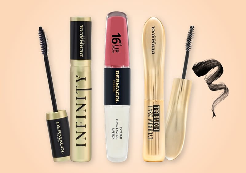 Kosmetické produkty Dermacol: řasenka, rtěnka, fixační gel na obočí a vzorek barvy řasenky.