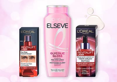 Produkty L'Oréal: šampon Elseve Glycolic Gloss, Revitalift Laser Eye Bag Eraser, Revitalift Laser sérum s peptidy