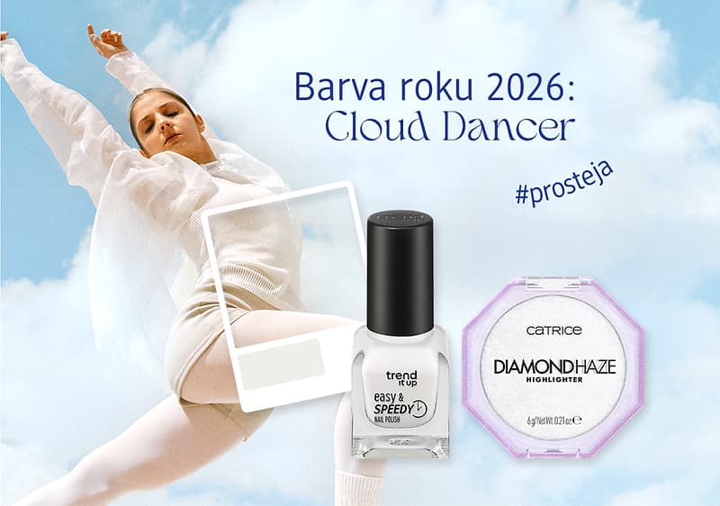 Tančící osoba na modré obloze, lak na nehty, rozjasňovač, text o barvě roku 2026.