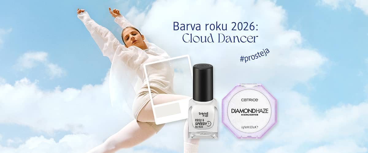 Tančící osoba na modré obloze, lak na nehty, rozjasňovač, text o barvě roku 2026.