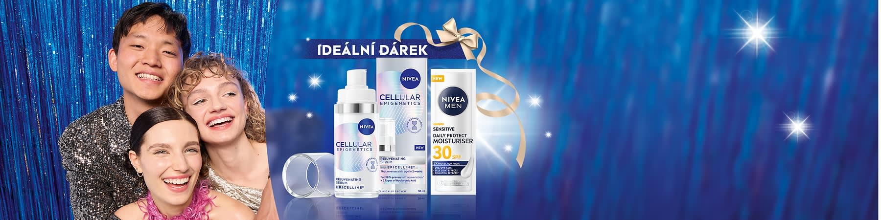 Reklama na produkty Nivea s krémem a hydratačním přípravkem na modrém pozadí