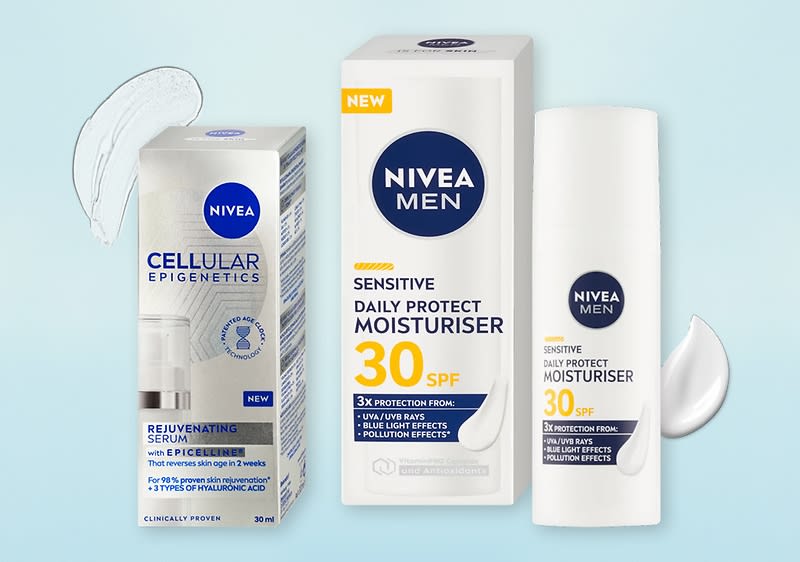 Obrázek: Kosmetické produkty Nivea Men na modrém pozadí.