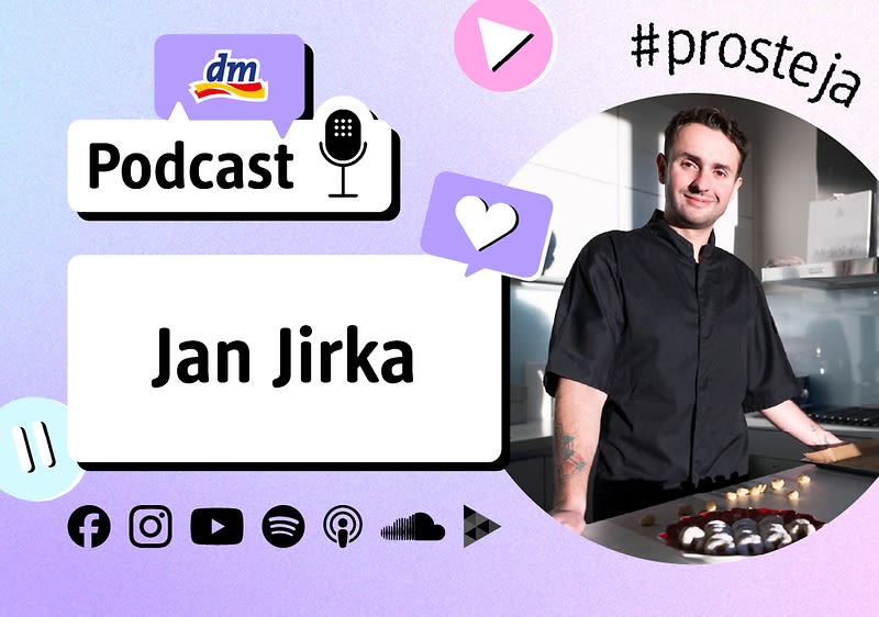 Obrázek: Grafika podcastu s názvem Jan Jirka a osobou u kuchyňského pultu.