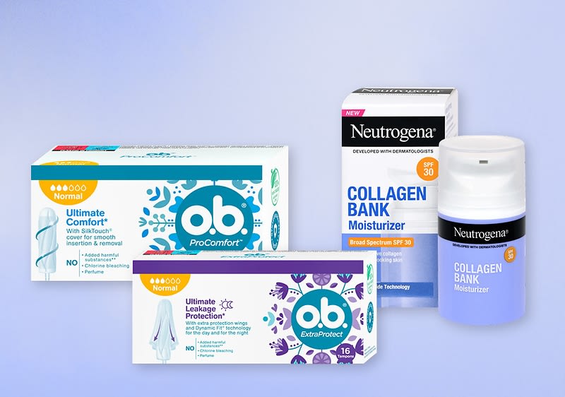 Produkty značky Neutrogena a o.b. včetně hydratačního krému a tamponů.