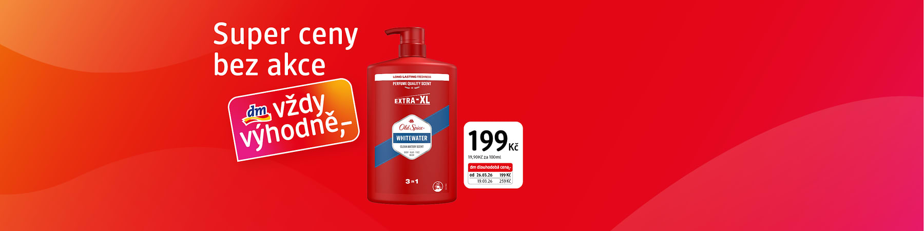 Reklamní obrázek s červenou lahví sprchového gelu Old Spice Whitewater a cenou 199 Kč