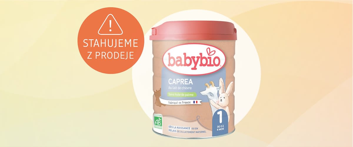 Obrázek: Balení dětské výživy Babybio Caprea s oznámením o stažení z prodeje.