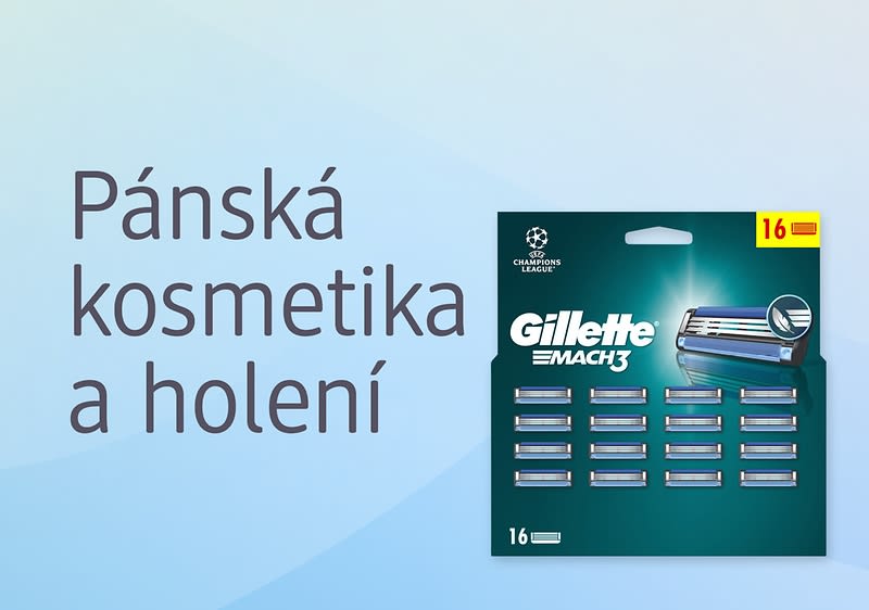 Balení náhradních žiletek Gillette Mach3 vedle nápisu Pánská kosmetika a holení