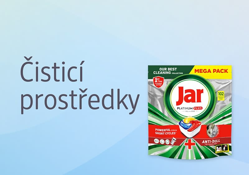Balení mycího prostředku Jar vedle nápisu Čisticí prostředky