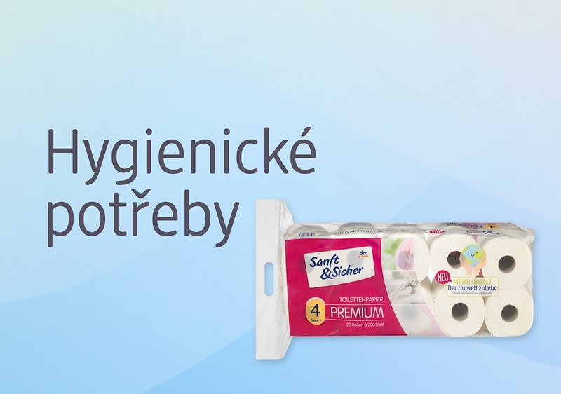 Balení toaletního papíru Sanft & Sicher Premium vedle nápisu Hygienické potřeby