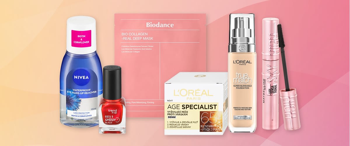 Kosmetické produkty včetně odličovače, laků, pleťové masky, krému, make-upu a řasenky