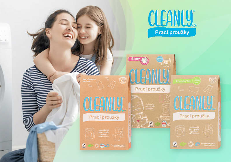 CLEANLYeco prací proužky na zeleném pozadí