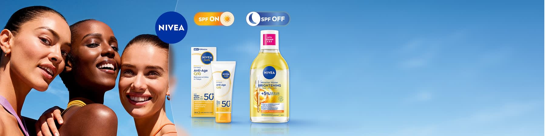 Obrázek produktu NIVEA s dvěma lahvemi a tubou na modrém pozadí, sluneční a noční ikony SPF ON SPF OFF