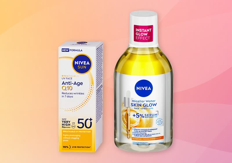 Dva produkty Nivea na růžovo-oranžovém pozadí, balení opalovací krém SPF50+ a lahvička micelárního séra