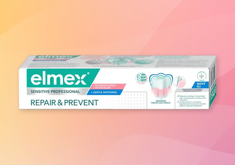 Krémová tubka zubní pasty Elmex Repair & Prevent na barevném pozadí