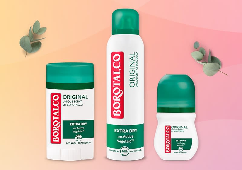 Reklamní obrázek s dvěma deodoranty Borotalco a rozmazanou červenou skútrou v pozadí