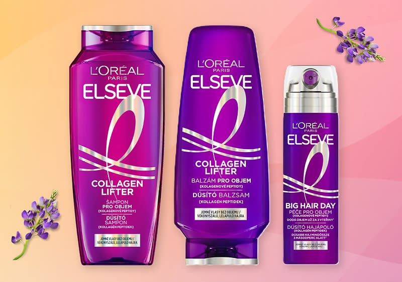 Tři fialové produkty L'Oréal Elseve na růžovo-oranžovém pozadí s květy levandule