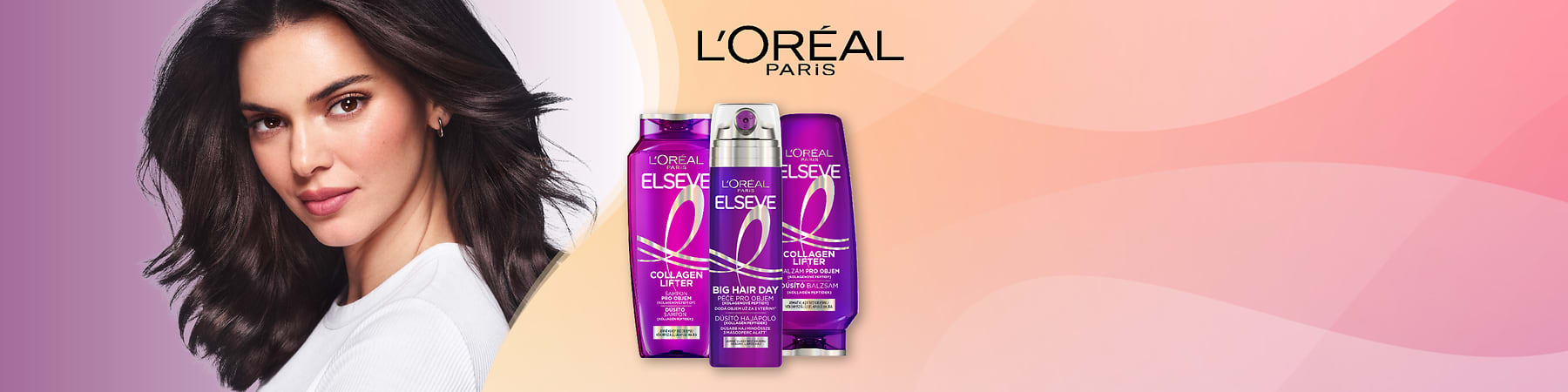 Tři fialové lahvičky péče o vlasy L'Oréal Elseve Collagen Lifter na fialovém pozadí