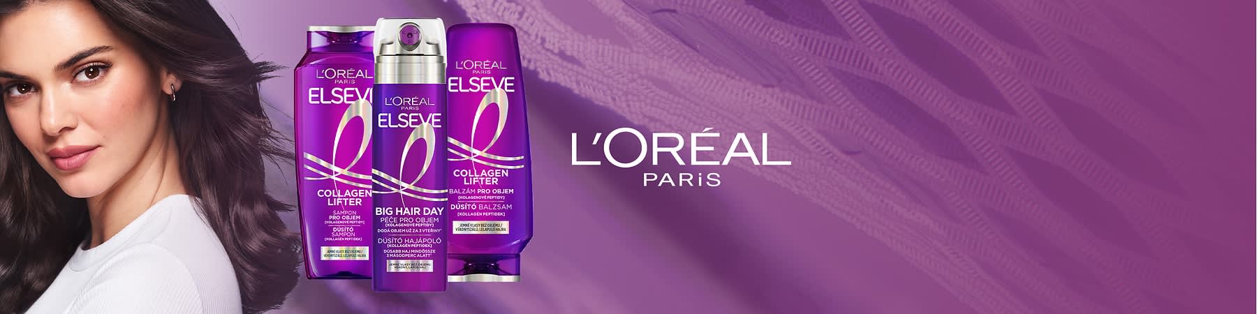 Tři fialové lahvičky péče o vlasy L'Oréal Elseve Collagen Lifter na fialovém pozadí
